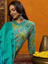 Women Blue Cotton Blend Printed Straight Kurta Pant Set With Dupatta-PKSKD2441